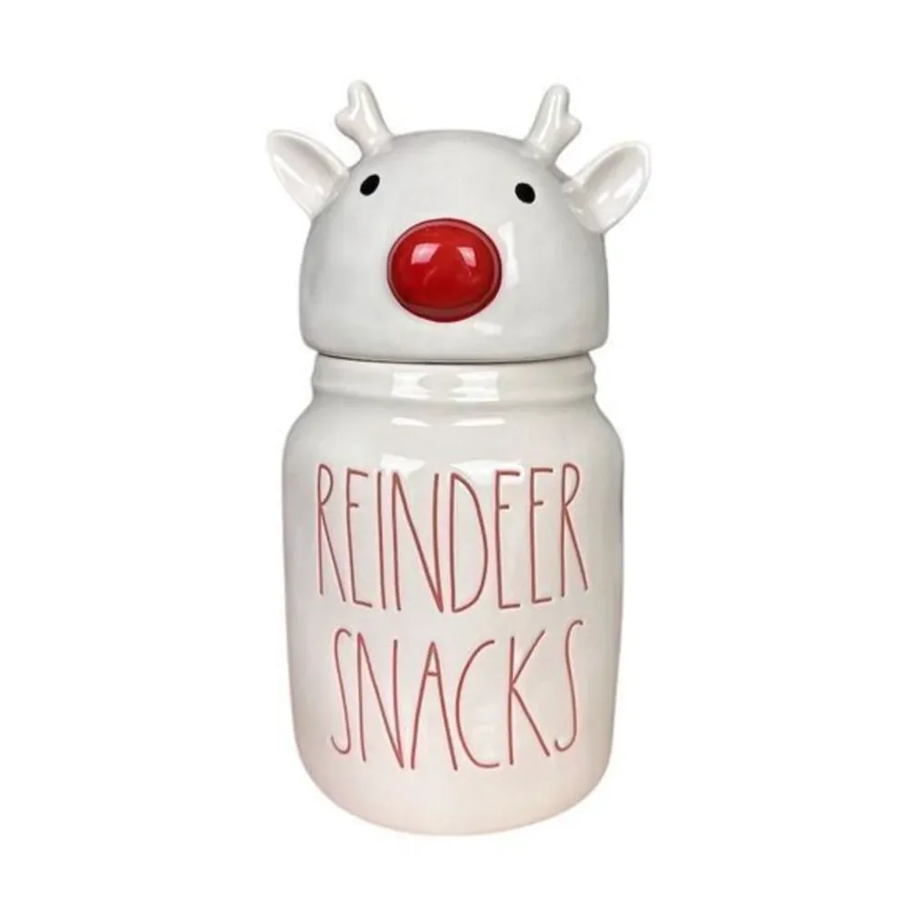 NWT Rae Dunn Reindeer Snacks Canister with Head Topper Christmas Decor‎